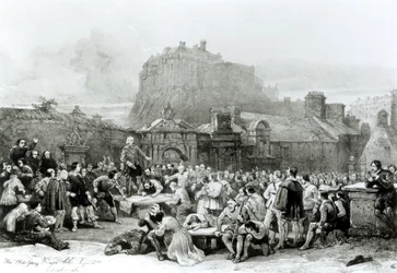 En folkmassa köar för att underteckna det nationella förbundet framför Greyfriars kyrkogård i Edinburgh 1638